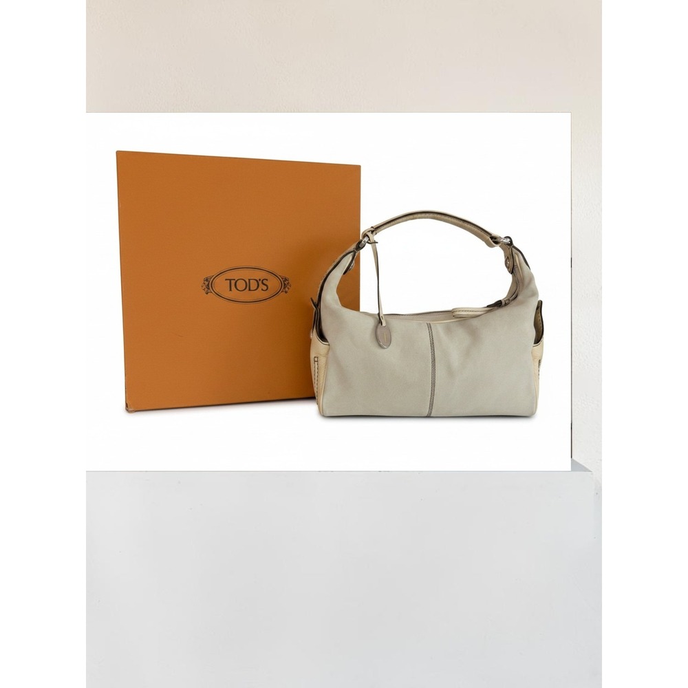 Tod's Off White Suede Shoulder Bag Leather Trim Hobo w/ Box